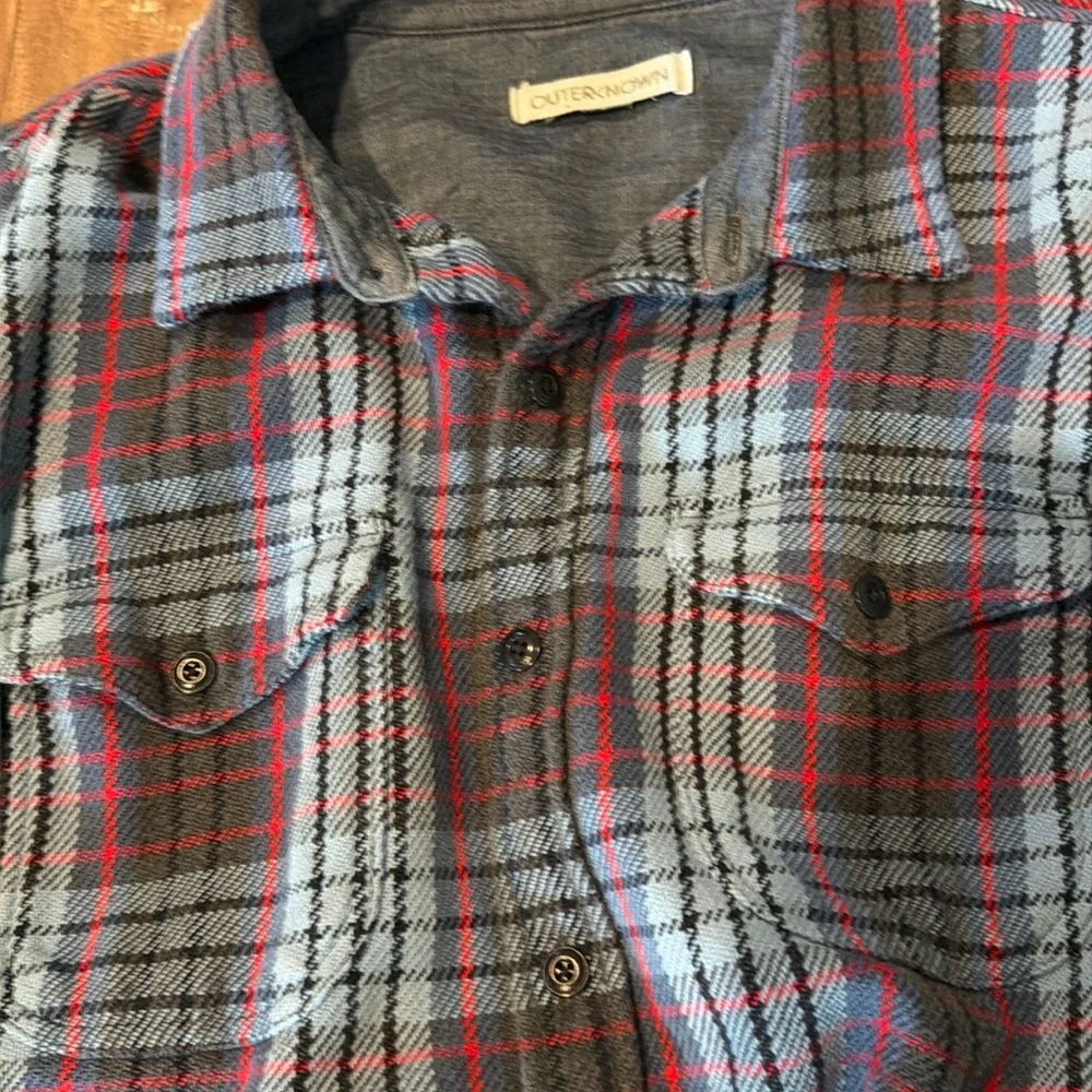 Outerknown Blanket Shirt, LargeMen's Plaid Button-Down Shirt in Blue, Gray & Red - Picture 3 of 3